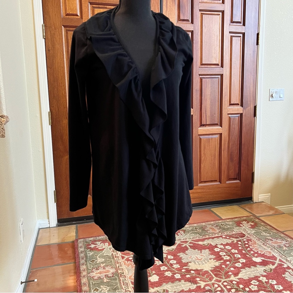 Allen Allen Sweater Cotton Rayon Black Ruffled Front Open Cardigan Sz S